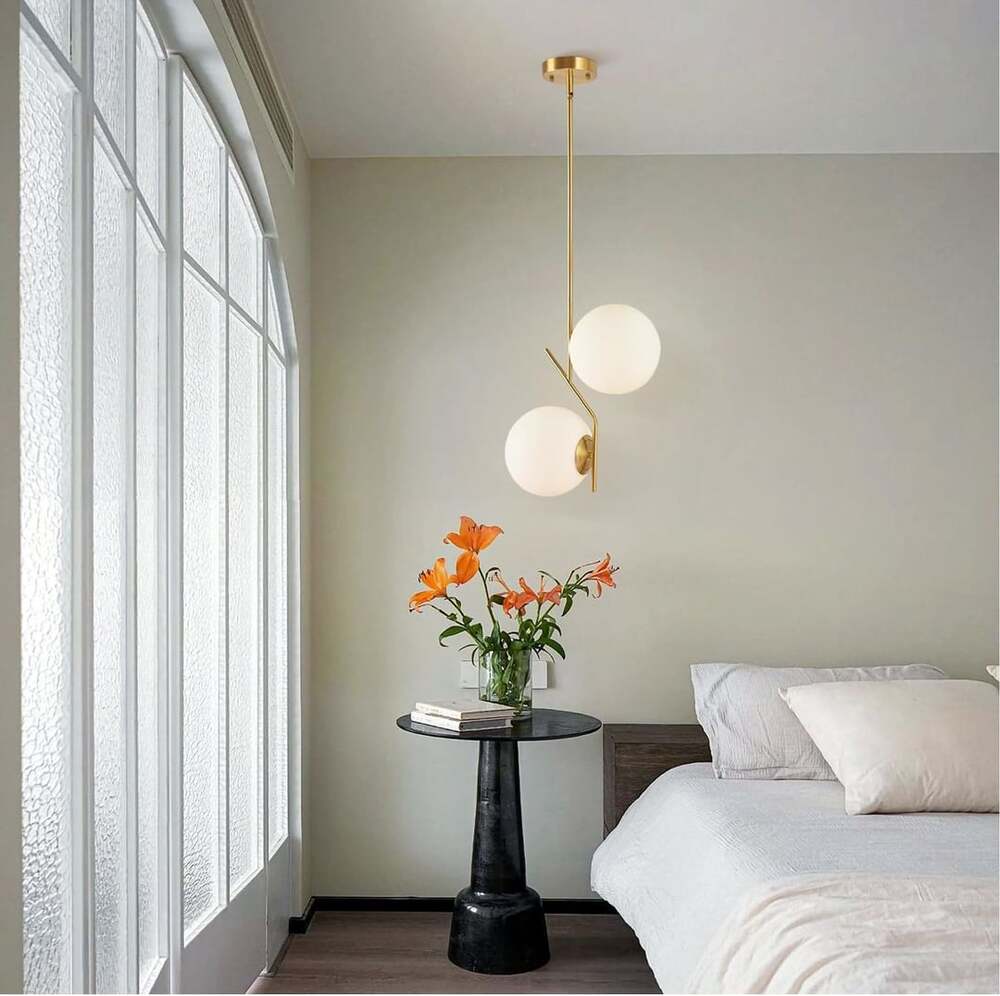 Modern Minimalist 2-Light Pendant Ceiling Lamp - Brass Finish, Frosted Globes